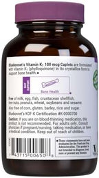 Bluebonnet Vitamin K1 100 mcg Supports Bone Health - Phylloquinone Crystalline Vitamin K Supplement - Non-GMO, Kosher Certified, Gluten-Free, Dairy-Free - 100 Vegan Caplets
