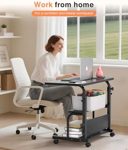 Portable Rolling Desk on Wheels Adjustable Height Desks for Small Spaces, 32" Computer Desk with Storage Shelves for Home Office Black