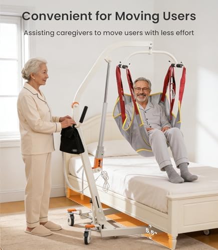 VOCIC Electric Patient Lift for Home, Floor-to-Bed Transfer Aid Lift Chair for Elderly, Foldable Patient Lift with Wireless Lithium Handset, Manual Emergency, 330lbs Capacity, Includes Sling, AY05