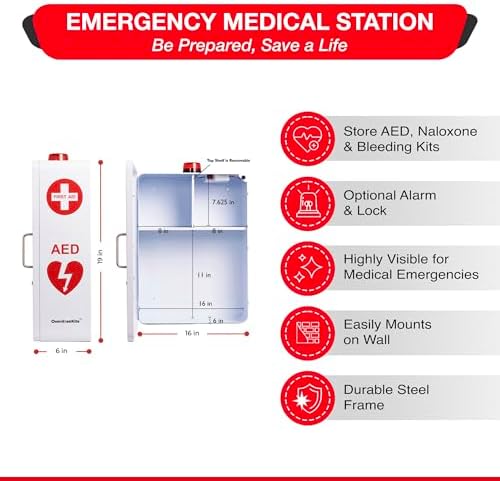 Emergency Medical Station – Wall Mount Cabinet for AEDs, Naloxone, Bleeding Control & First Aid Kits – Public Space Storage Solution – White, Medium (AED & Accessories Not Included)