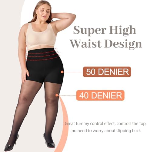 2 Pairs Plus Size Control Top Pantyhose Ultra-High Waist Tights 40D Sheer Shaping Support Stockings