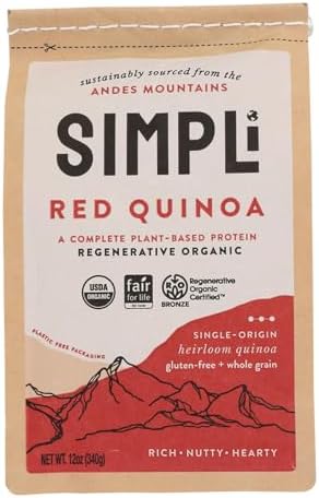 SIMPLi Regenerative Organic Certified Red Quinoa, Organic Quinoa Ancient Grain, Naturally Gluten-Free and High in Fiber, Complete Plant Protein with Rich Nutty Flavor, 12 OZ