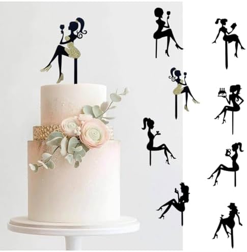 8 PCS Lady Silhouette Cake Toppers, Acrylic Minimalist Art Birthday Cake Topper, Elegant High Heels Girl, for Wedding,18th Party Decorations