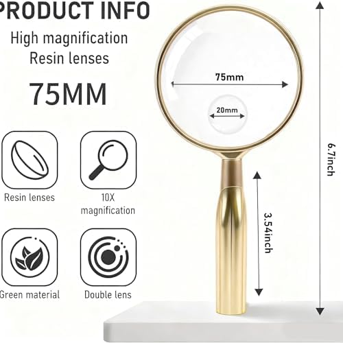 Lakei Magnifying Glass,10X Handheld Reading Magnifying Glass， 75mm Shatter Resistant Lens, Non-Slip Handle, Suitable for Elderly Reading, Adults Close Work, Hobbies and Science (Gold)