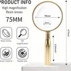 Lakei Magnifying Glass,10X Handheld Reading Magnifying Glass， 75mm Shatter Resistant Lens, Non-Slip Handle, Suitable for Elderly Reading, Adults Close Work, Hobbies and Science (Gold)