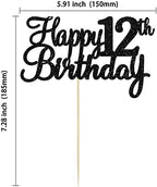 Gyufise 1Pc Happy 12th Birthday Cake Topper Glitter 12th Birthday Cake Pick Cheers to 12 Years Old Twelve Fabulous Cake Decorations for 12th Birthday Theme Party Supplies Black