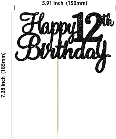 Gyufise 1Pc Happy 12th Birthday Cake Topper Glitter 12th Birthday Cake Pick Cheers to 12 Years Old Twelve Fabulous Cake Decorations for 12th Birthday Theme Party Supplies Black