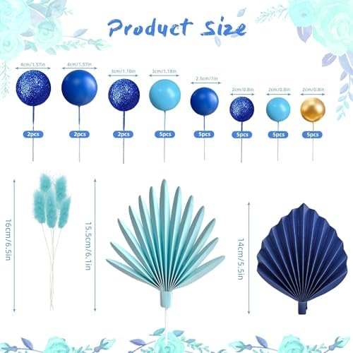 38 PCS Balls Cake Toppers Palm Leaves Cake Decorations for Birthday Wedding Baby Shower Party Supplies (Blue)