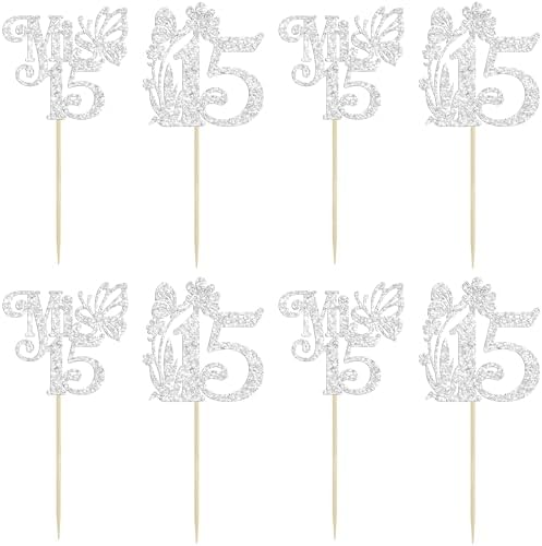 Ephlyn 24Pcs Mis 15 Cupcake Toppers Glitter Mis Quince 15 Feliz 15 Años Cupcake Picks Hello 15 Fabulous Cupcake Decorations for Cheers to 15 Happy 15th Birthday Party Cake Decorations Silver