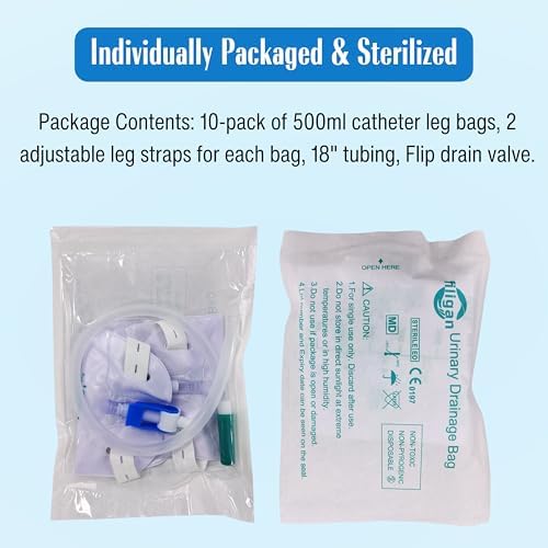 10 Pack Easy-Tap Catheter Leg Bag - 500ml with 18” Tubing, Anti-Reflux Valve, Adjustable Cloth Straps & Flip Drain - Sterile Latex-Free Urinary Drainage Bags
