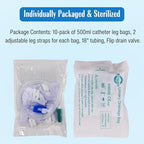 10 Pack Easy-Tap Catheter Leg Bag - 500ml with 18” Tubing, Anti-Reflux Valve, Adjustable Cloth Straps & Flip Drain - Sterile Latex-Free Urinary Drainage Bags