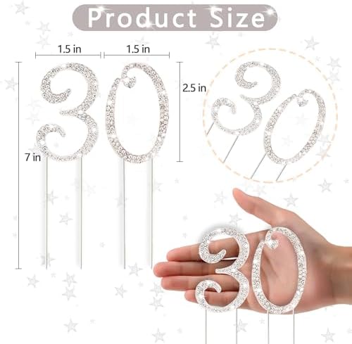 BEISHIDA 30 Number Cake Topper,Silver Bling Rhinestone 30th Birthday Happy Birthday Cake Topper for girls women for 30th Birthday Party Anniversary Wedding Cake Decorations