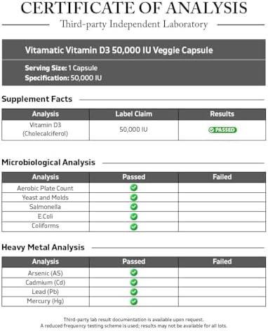 Vitamatic Vitamin D3 50,000 IU (as Cholecalciferol), Once Weekly Dose, 1250 mcg, 60 Veggie Capsules 1 Year Supply, Progressive Formula Helping Vitamin D Deficiencies (60 Count (Pack of 1))