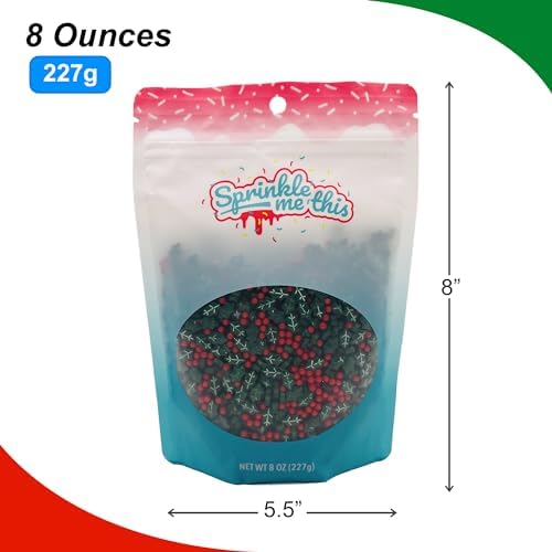 Dextrose Holly Berry Blend Sprinkle Mix - 8 oz Resealable Stand Up Bag - Christmas Themed Red and Green Sprinkles - Holiday Sprinkles for Desserts and Baked Goods