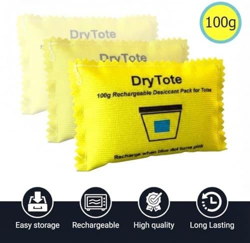 DryTote Rechargeable Desiccant Pack (Pack of 5), Ultimate Moisture Absorption, Color Change Indicator, Safe Storage Protection, Large Capacity 200 Gallons, 100g, Yellow