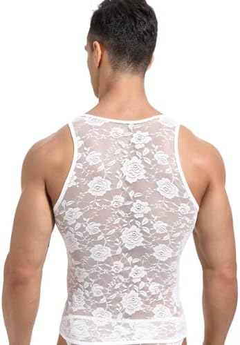 Men Lace Shirt See Through Tank Top Sleeveless Fishnet Sheer Underwear Sissy Lingerie for Crossdressers