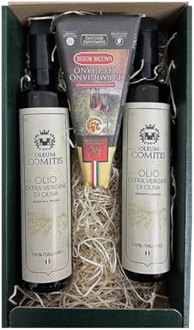 Oleum Comitis - Extra Virgin Olive Oil 100% Italian Cold Pressed - Gift Box with 2 x 500 ml Bottles and Parmigiano Reggiano DOP Vacche Rosse 24 Months