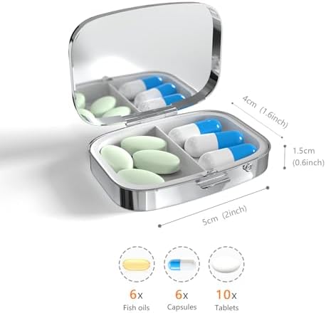 Pill Box-2 Compartment Small Pill Case Portable for Pocket & Purse Single Pill Carrier Pill Container to Hold Vitamins Medication Fish Oil and Supplements BPA-Free(Sea Turtle)