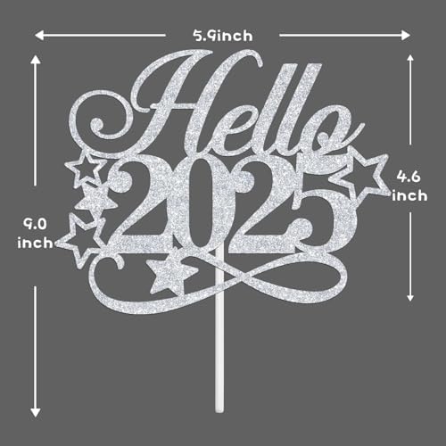 Hello 2025 Cake Topper - Winter Xmas Holiday Cake Decor, Merry Christmas Welcome 2025 Santa Happy New Year's Eve Party Decorations Supplies, Silver Glitter