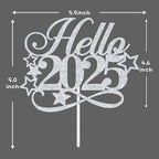 Hello 2025 Cake Topper - Winter Xmas Holiday Cake Decor, Merry Christmas Welcome 2025 Santa Happy New Year's Eve Party Decorations Supplies, Silver Glitter