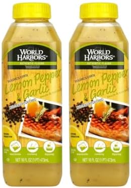 World Harbors Lemon Pepper Garlic Sauce & Marinade, Made in Maine, Ideal for Turkey Injector, Chicken Wings, Seafood, Grilled Meats, Stir-Fries, Sandwiches, Salads, Garnish Dipping, 16 oz