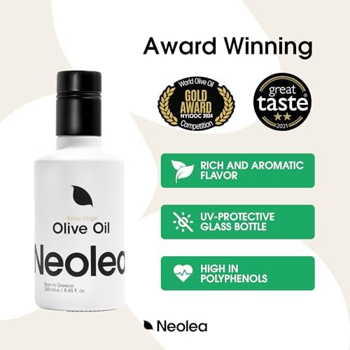 Neolea Greek Extra Virgin Olive Oil – Single Origin, Early Harvest, High Polyphenol – From Koroneiki Olives Hand Picked in Greece – Fresh Aromatic Cooking Oil & Finishing Dishes – 8.45 fl. oz / 250ml
