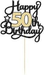 Ephlyn Happy 50th Birthday Cake Topper, 1Pc Black Gold Glitter, 5.9x8.7in, Paper, for Anniversary, Birthday Party Supplies