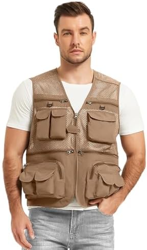 Flygo Men's Fishing Vest Utility Lightweight Outdoor Travel Safari Photo Cargo Vest with 16 Pockets