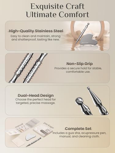 Rena Chris Acupuncture Pen, Manual Reflexology Tools for Muscle Tension and Pain Relief, Acupressure Pen and Stainless Steel Gua Sha Set with Reflexology Chart, Easy to Use