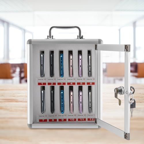 12 Slots Cell Phone Locker, Aluminum Alloy Phone Holder with Key Lock, Wall Mount Portable Cell Phone Lock Box with Handle for Schools, Offices, Conferences