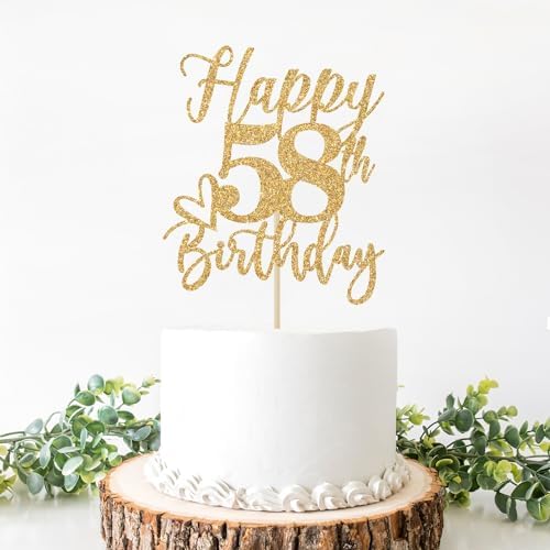 Happy 58th Birthday Cake Topper, 58 Birthday Decorations for Women/Men, Cheers to 58 Years, Hello 58, 58th Happy Birthday Party Decorations Gold Glitter