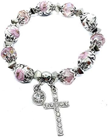 Nazareth Store Handmade Crystallized Glass Beads Cross Bracelet with Ceramic Flower Beads Religious Christian Bangle for Women and Men