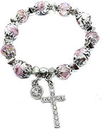 Nazareth Store Handmade Crystallized Glass Beads Cross Bracelet with Ceramic Flower Beads Religious Christian Bangle for Women and Men