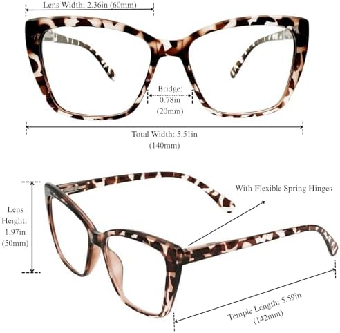 Oversized CatEye Reading Glasses for Women - Retro Style Frame, Blue Light Blocking Readers, Clear Lens, Spring Hinge