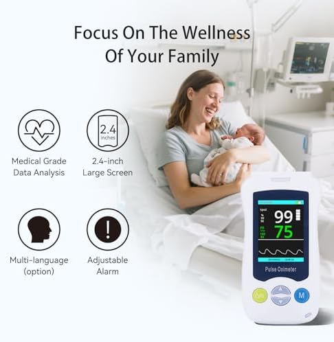 Overnight Pulse Oximeter, Medical Grade Accuarcy SpO2 & PR Continuous Pulse Oximeter Pediatric Blood Oxygen Saturation Monitor Handheld Infant with Adjustable Alarms and 500 Data Storage for Adult Baby