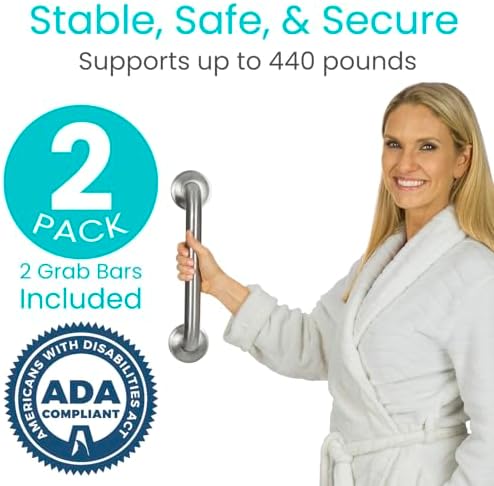 Vive 440lbs Grab Bar for Bathtubs and Showers (2 Pack) - Handicap Bathroom Safety Rail for Elderly - Wall Senior Handle for Tub, Toilet, Bath - Disability Assist Device Accessories Handrail (16 Inch)