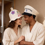 Sauna Hat 'Captain and Miss Sauna' White - 100% Organic Wool Felt Hats for Russian Banya - Protect Your Head from Heat - English Sauna eBook Guide Included - with Embroidery