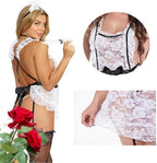 Women’s Sexy Lingerie French Maid Outfit Costume Naughty Bow See Through Lace Bodysuit Self Tie Servant Babydoll Uniform with Stockings Cosplay Roleplay Apron Fancy Dress, White