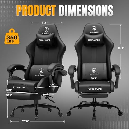 GTPLAYER Gaming Chair with Foot Rest & Pocket Spring Cushion, Ergonomic High Back Computer Chair with Headrest & 360°-Swivel Seat for Home Office Desk, PU Leather, Black