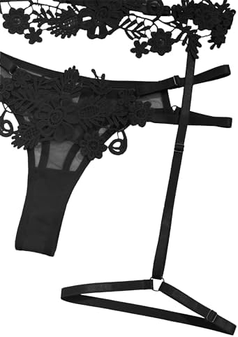 Lilosy Sexy Cute Applique Embroidered Underwire Push Up Garter Belt Chocker Lingerie Set
