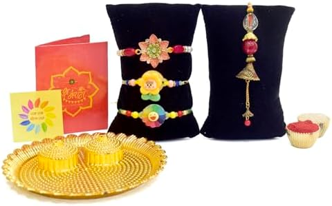 SATVIK Rakhi Combo for Bhaiya Bhabhi – Set of 4 Rakhi's (1 Bhaiya, 1 Bhabhi Lumba, 2 Rakhi) with Puja Plate, Roli Chawal, Greeting Card, Sita-Ram Sticker – Traditional Handmade Raksha Bandhan Gift