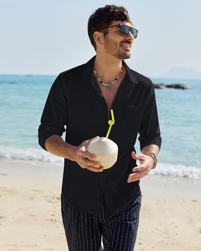 Alimens & Gentle Linen Shirts for Men Long Sleeve Casual Cotton Button Down Shirts Summer Beach Wedding Tops with Pocket