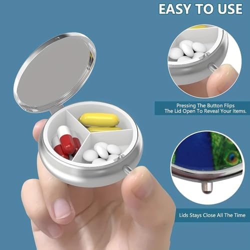Peacock-Themed Personal Pill Organizer – Portable 3-Compartment Metal Mini Pill Storage Box for Vitamins & Medications