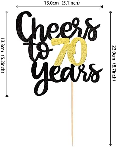 Cheers to 70 Years Cake Topper - Black and Gold Glitter Assembled Birthday Cake Pick - Happy 70th Cake Decoration for Anniversary and Seventy Birthday Party Supplies (1 Pack)