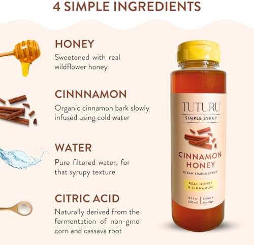Cinnamon Honey Simple Syrup for Coffee, Cocktails, Tea, Matcha - Clean Simple Syrup with Real Cinnamon & Honey - 13.5 oz