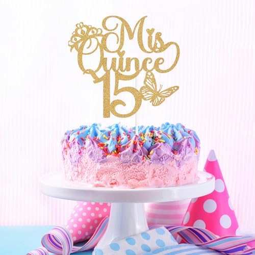 Mis Quince 15 Cake Topper, Mis Años 15, Feliz 15 Años, Cheers to 15 Years, Happy 15th Birthday Party Decorations Gold Glitter