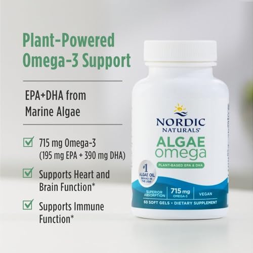 Nordic Naturals Algae Omega - 120 Soft Gels - 715 mg Omega-3 - Certified Vegan Algae Oil - Plant-Based EPA & DHA - Heart, Eye, Immune & Brain Health - Non-GMO - 60 Servings