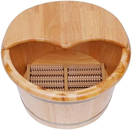 9 Inch Deep Foot Basin Wooden Bucket Foot Bath Massage with Cover Plate and Massager, Solid Wood Handmade Wooden Foot Basin Set for Soaking Feet Spa Foot Care, Brown