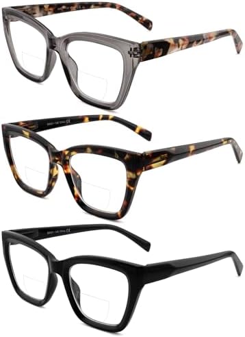 HIYANJN Bifocal Reading Glasses For Women Men 3 Pack Fashion Cat Eye Computer Readers Clear Top Oversized Eyeglasses
