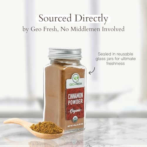 Geo-Fresh Organic Cinnamon Powder – 1.59 oz Glass Jar – Cassia Cinnamon Powder Organic – USDA Certified – Non-GMO, Kosher, Gluten-Free – Premium Spice for Baking, Cooking, Coffee
